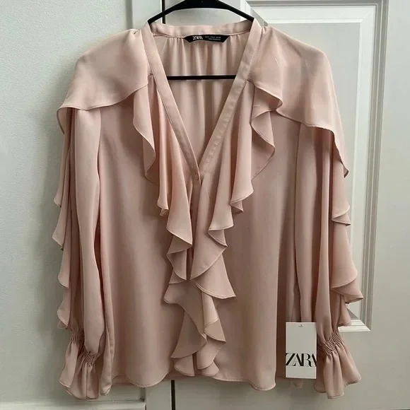 Zara light pale pink ruffle flowy blouse - Picture 3 of 6